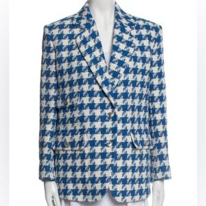 SANDRO FLORIANE SINGLE-BREASTED HOUNDSTOOTH
COTTON-BLEND WOMENS BLAZER IN BLUE